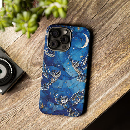 Surrealistic Owls Soaring Through A Celestial Night Sky phone case design.