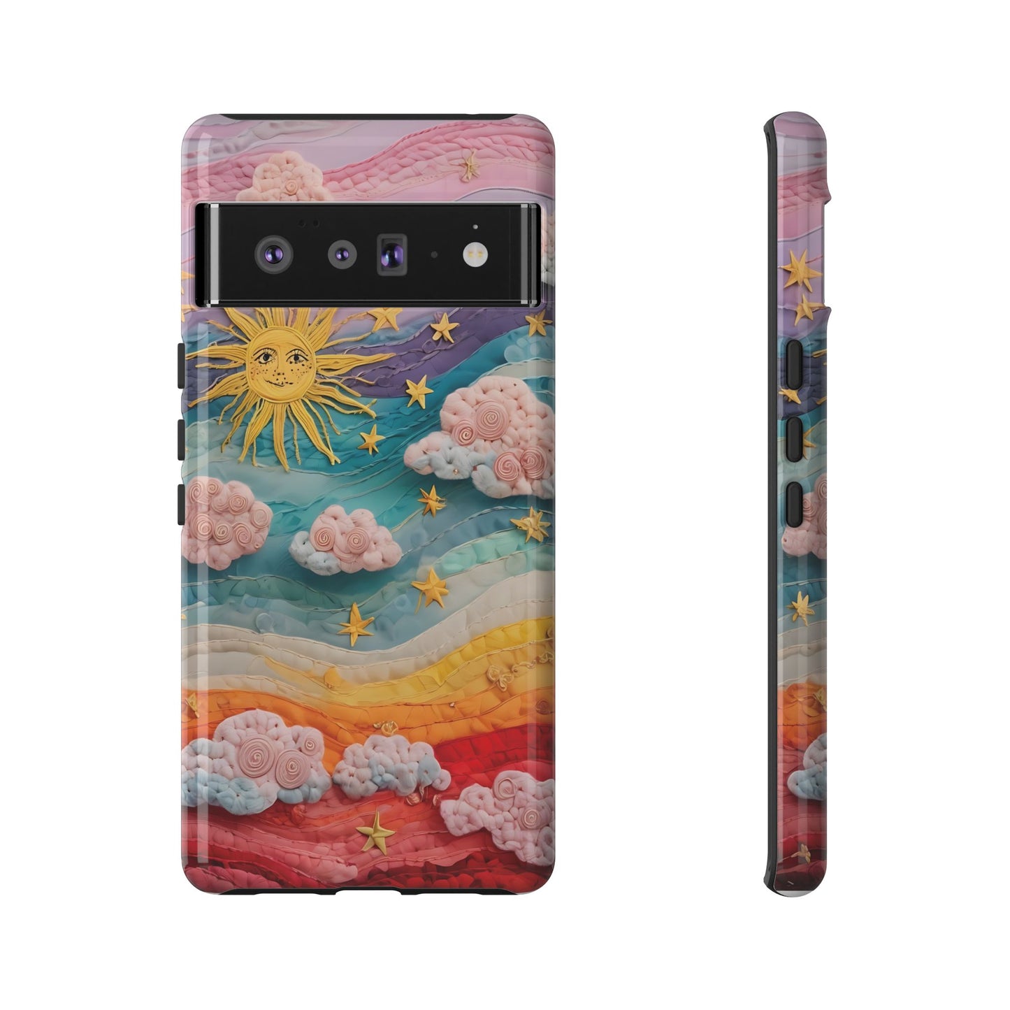 Whimsical Fiber Art Sky Scene With Dynamic Stripes And Clouds phone case design.