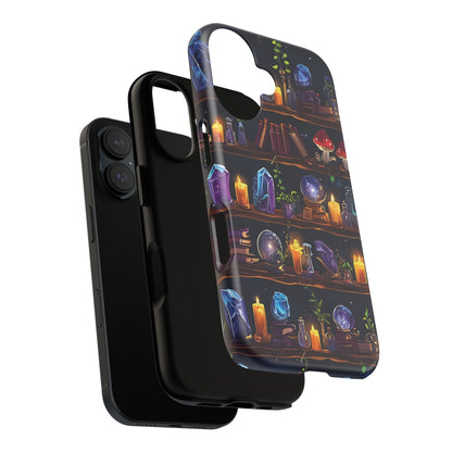 Fantasy Seamless Pattern Of Wooden Shelves Filled With Mystical Items phone case design.