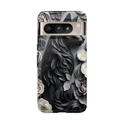 Intricate Bas-Relief Sculpture Of Black Cat Among Flowers phone case design