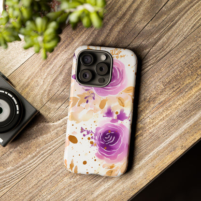 Purple Bloom Watercolor Mobile Case – Artistic Elegance in Gold & Lilac