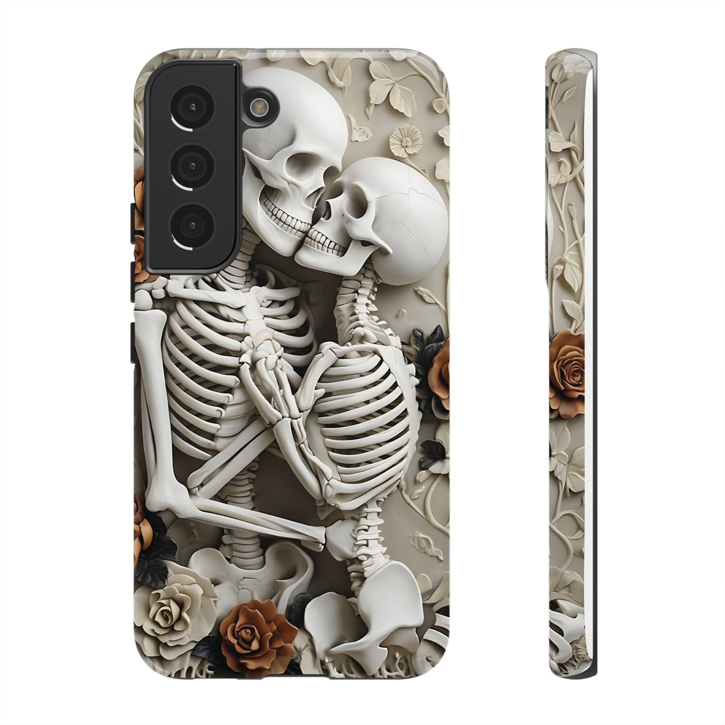 Surreal Bas-Relief Sculpture of Embracing Skeletons with Flowers phone case design.