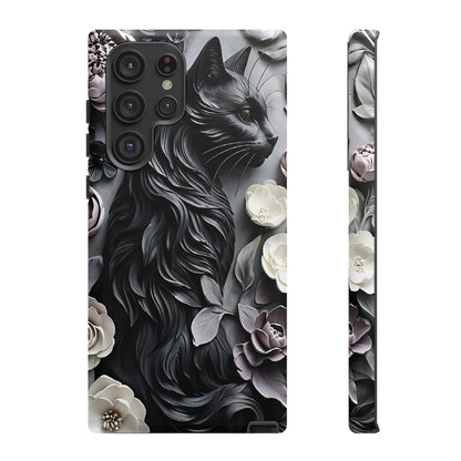 Intricate Bas-Relief Sculpture Of Black Cat Among Flowers phone case design