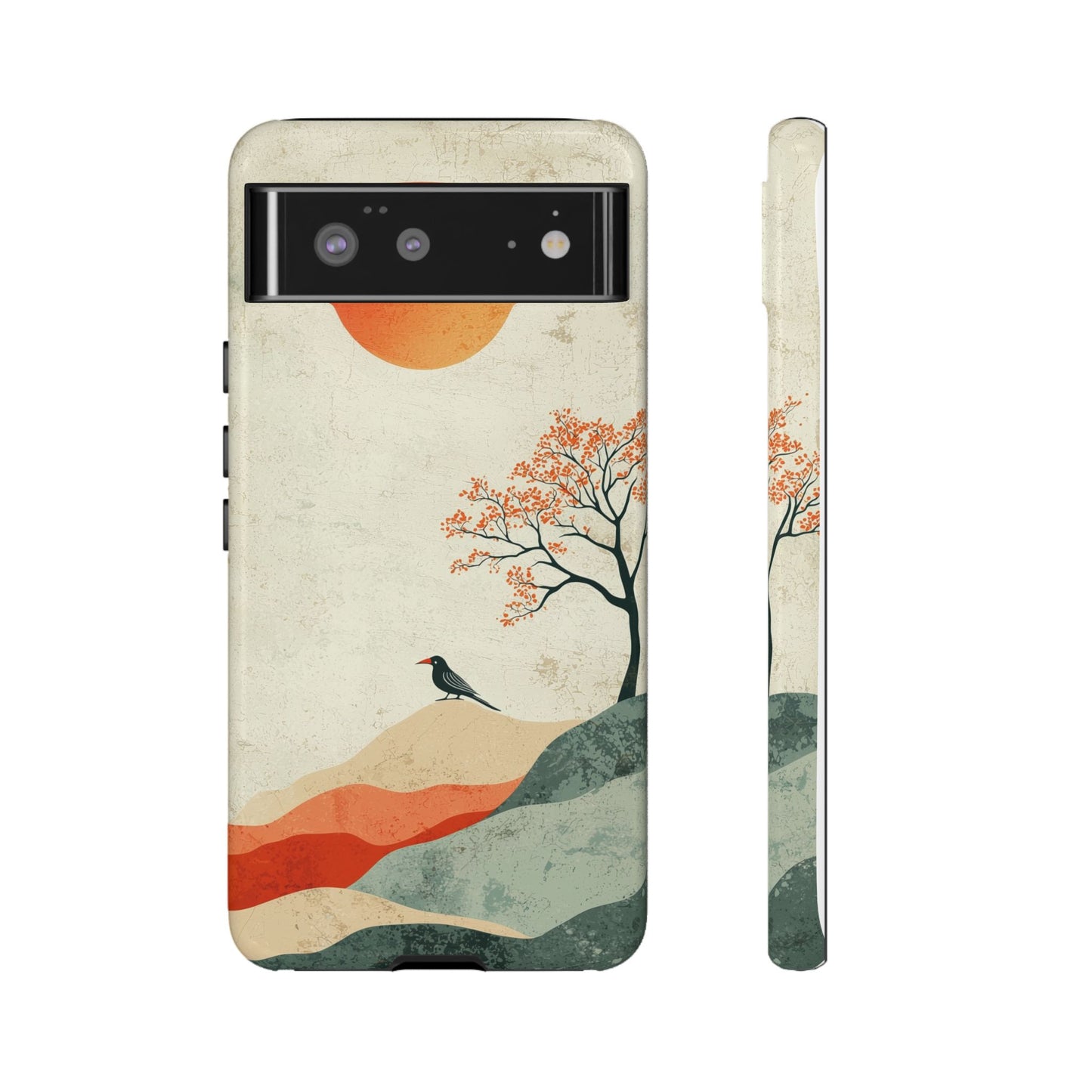 Crimson Solitude: A Minimalist Landscape Phone Case for iPhone, Samsung & Pixel
