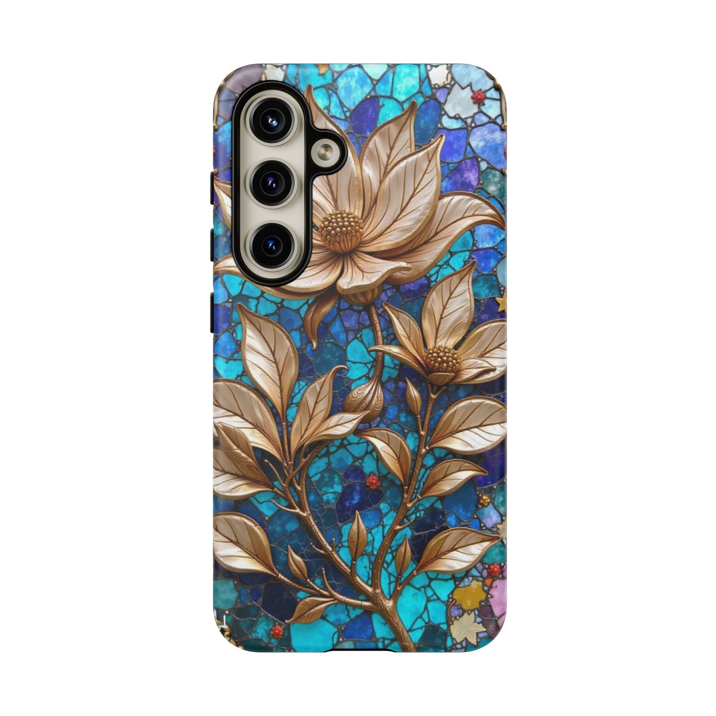 Golden Blossoms on Mosaic Blue Elegance