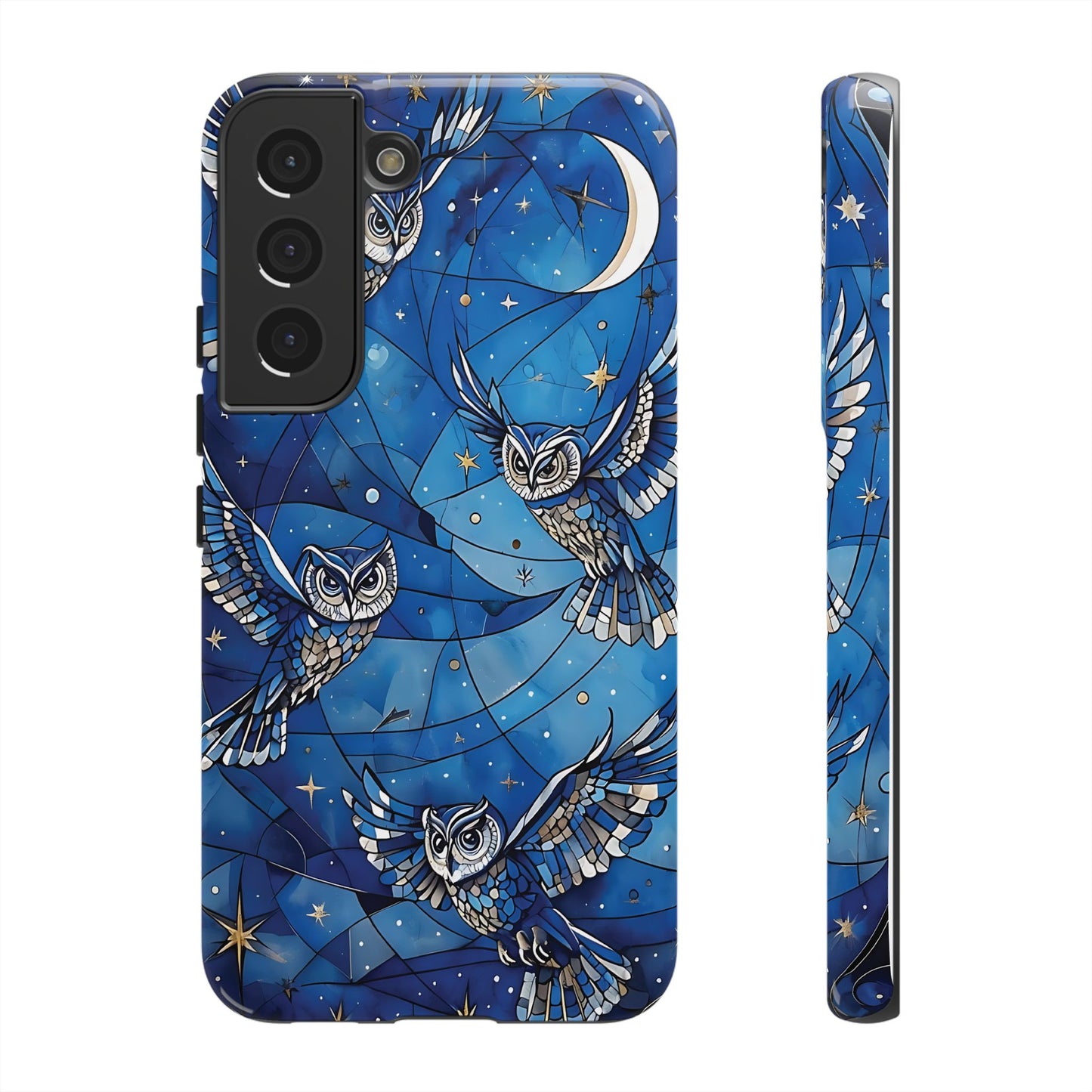 Surrealistic Owls Soaring Through A Celestial Night Sky phone case design.