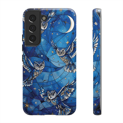 Surrealistic Owls Soaring Through A Celestial Night Sky phone case design.