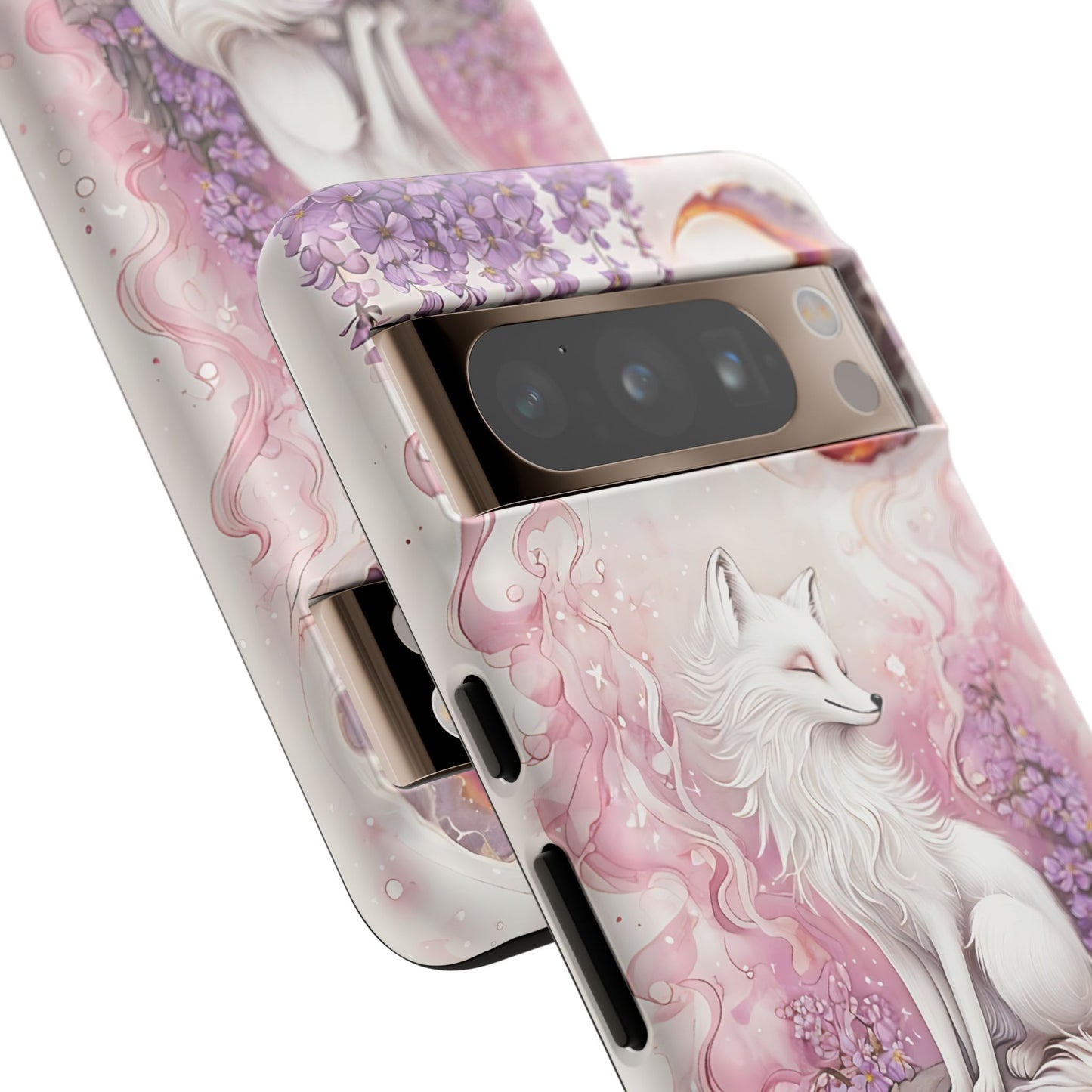 Whimsical White Fox Surrounded By Lavender And Pink Blooms phone case design.