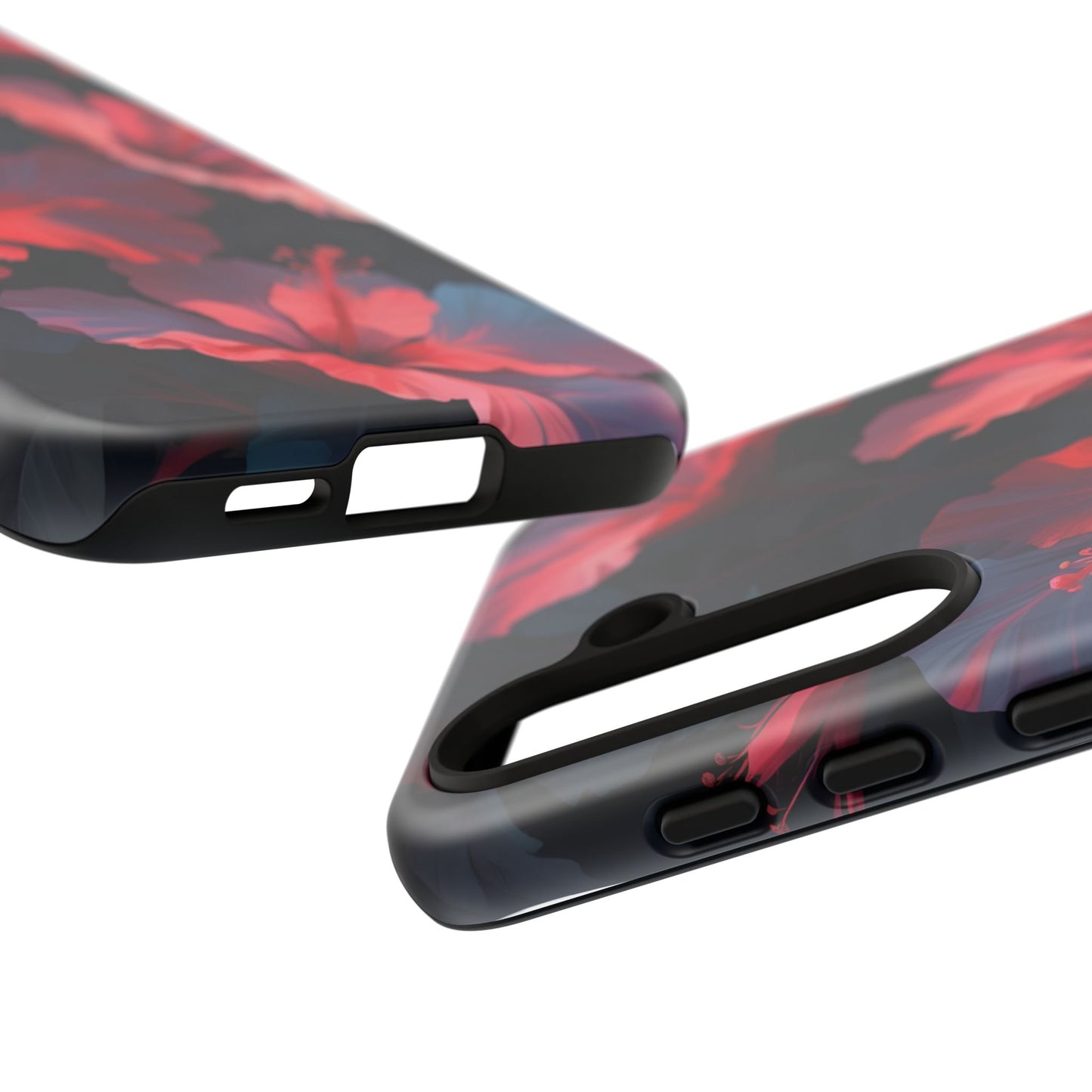 Vibrant red and pink hibiscus flowers blooming against a dark background| Floral phone case design