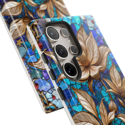 Golden Blossoms on Mosaic Blue Elegance