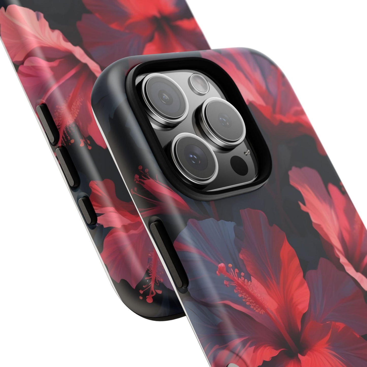 Vibrant red and pink hibiscus flowers blooming against a dark background| Floral phone case design