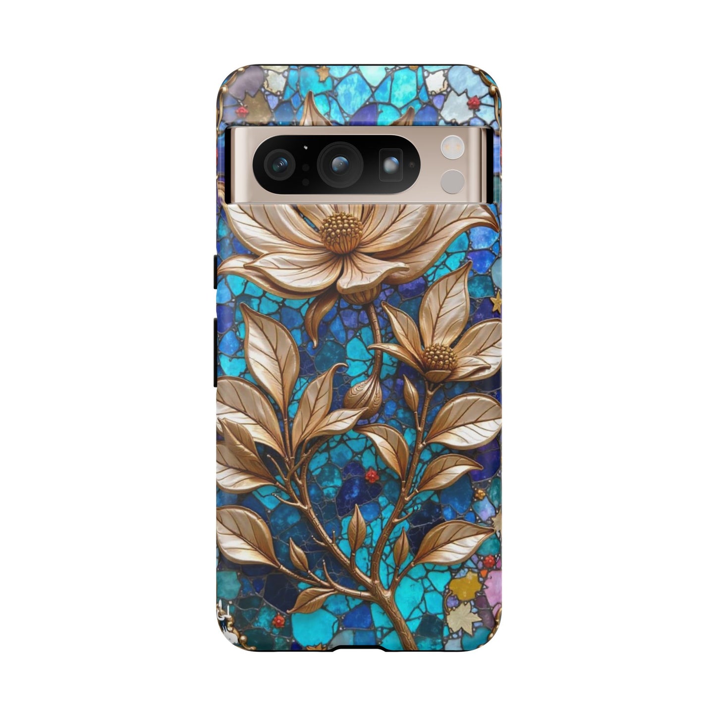 Golden Blossoms on Mosaic Blue Elegance