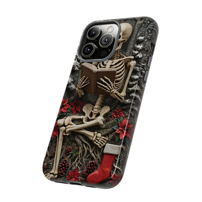 Surreal Relief Sculpture of Skeleton Reading Amidst Festive Decor phone case design
