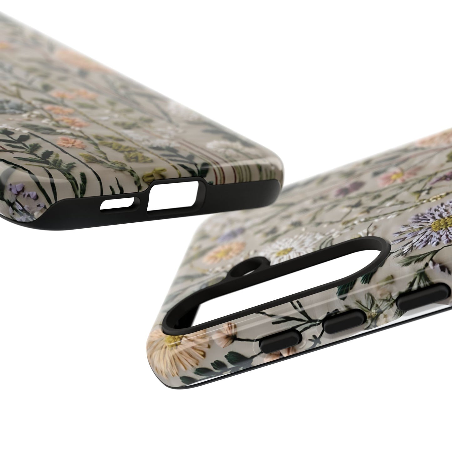 Intricate Embroidery Artwork Featuring Botanical Elements On Beige phone case design.