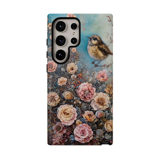 Whimsical Bird Surrounded By Lush Flowers In Dreamlike Setting phone case design
