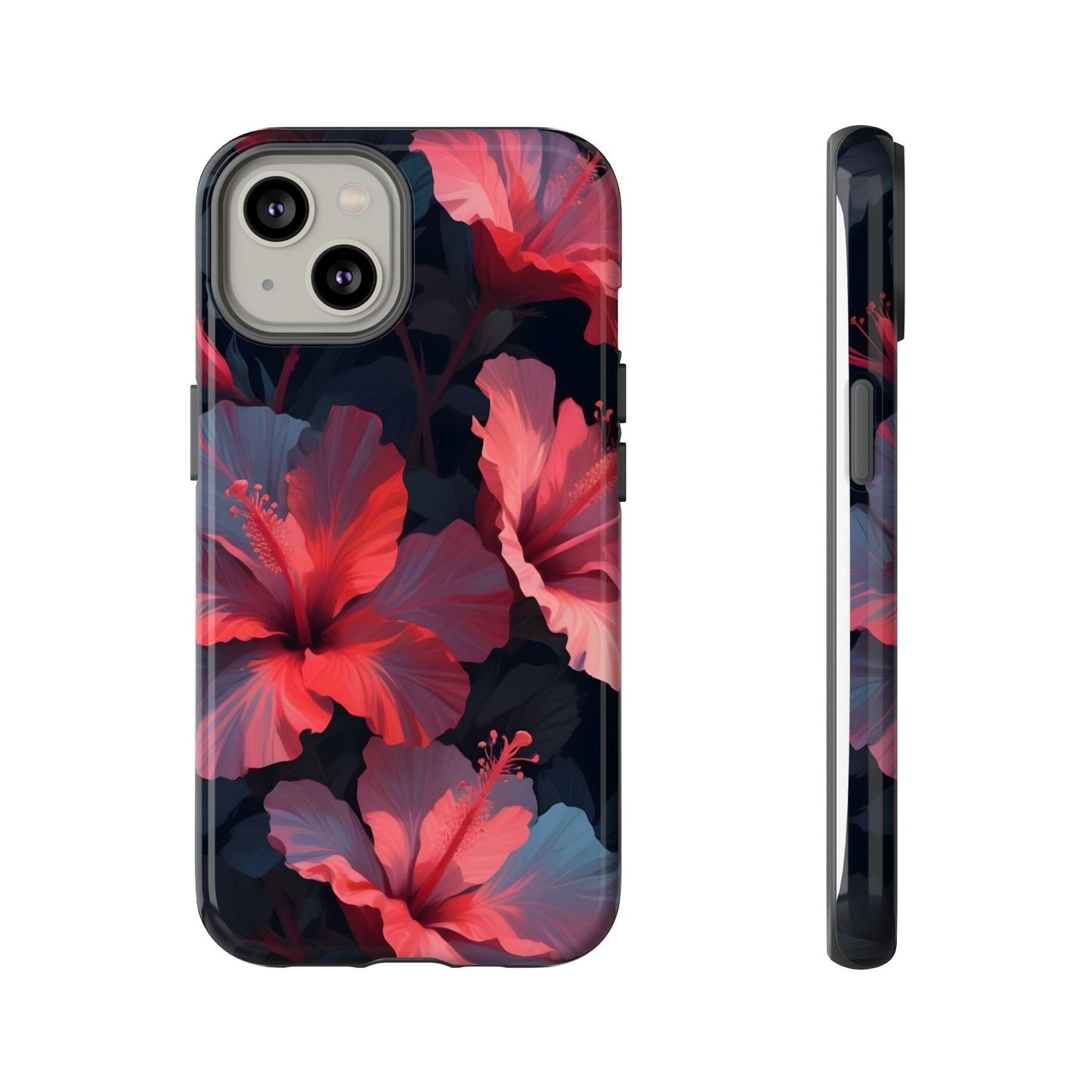 Vibrant red and pink hibiscus flowers blooming against a dark background| Floral phone case design