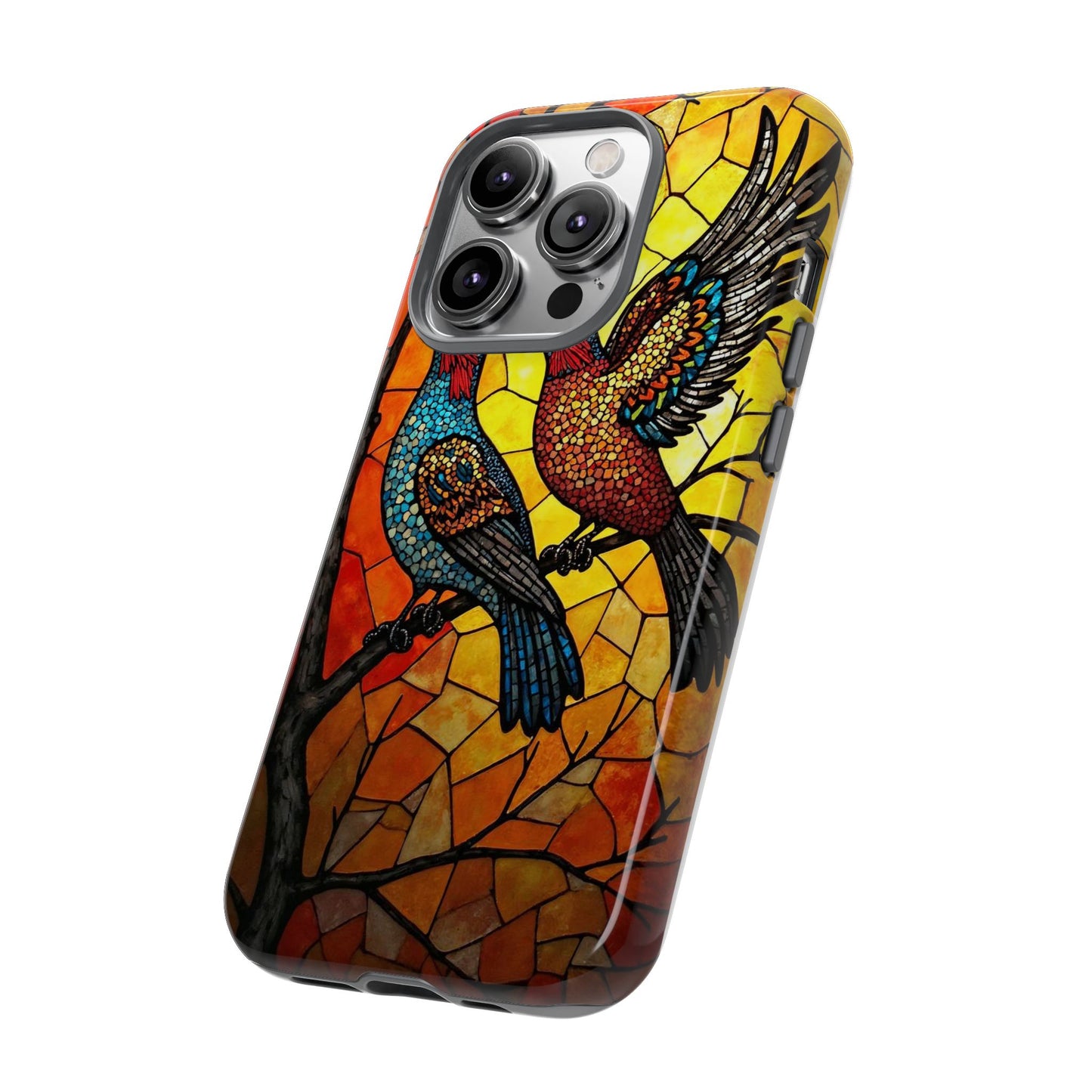 Vibrant Hummingbirds with Stained Glass Charm