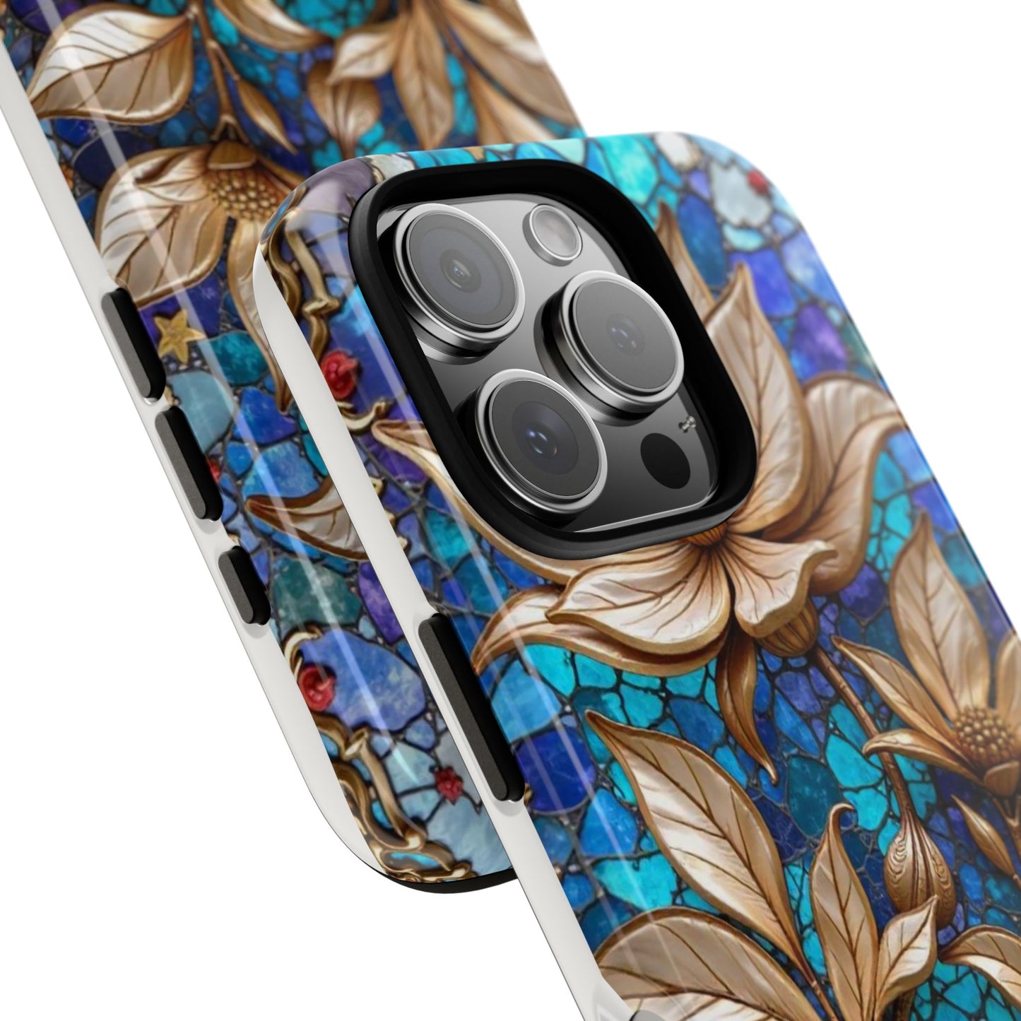 Golden Blossoms on Mosaic Blue Elegance