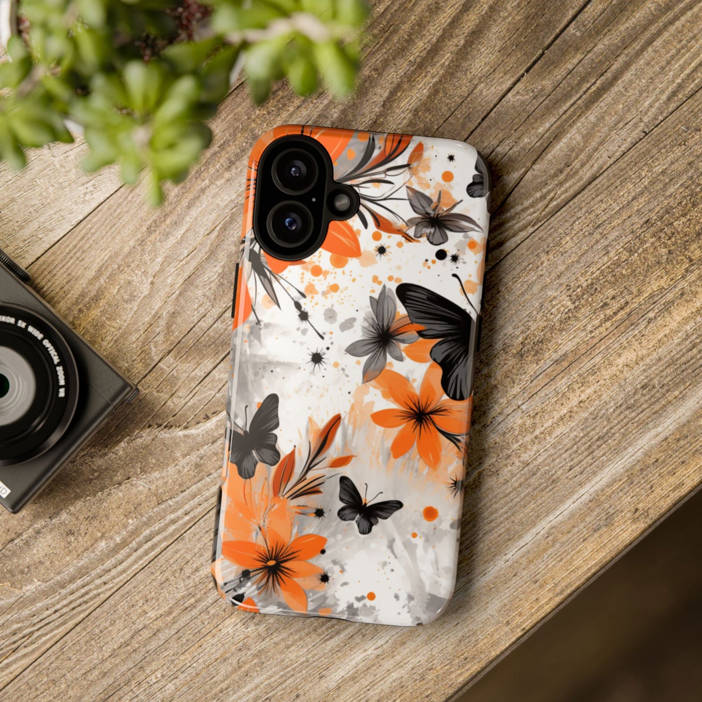 Bold Butterfly & Floral Splash Mobile Cover – Black & Orange Aesthetic