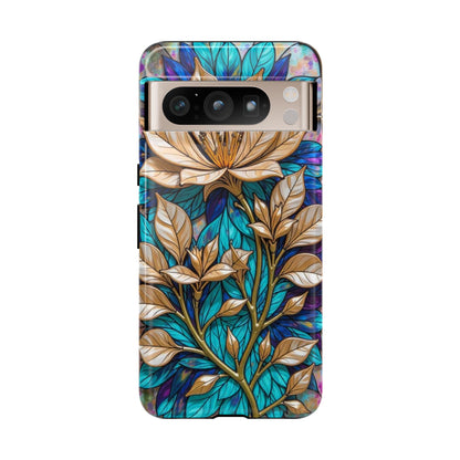 Majestic Golden Blossoms on Mosaic Blue Splendor
